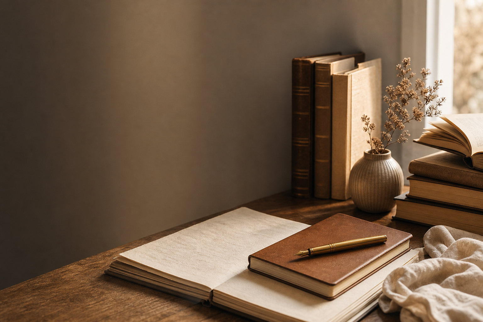 mesa editorial com livros, papel creme e caderno elegante
