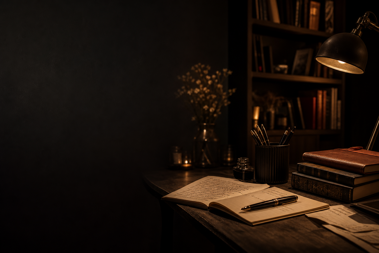 mesa editorial em clima noturno com livros, anotações e papelaria