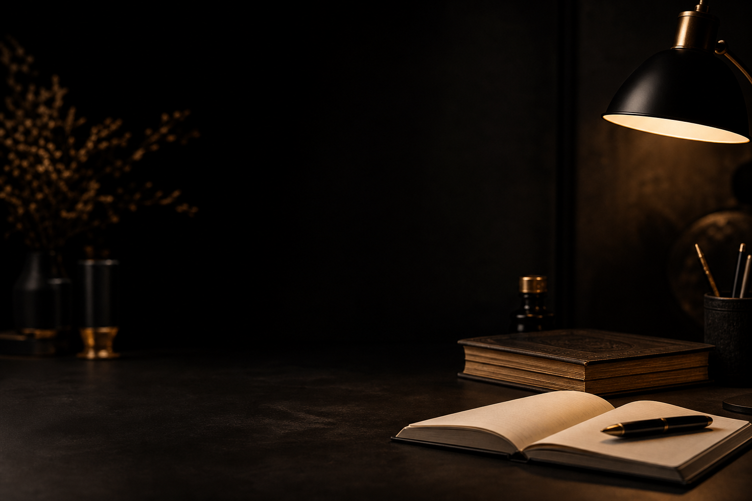 Mesa editorial escura com papel, livro e luz suave de estúdio
