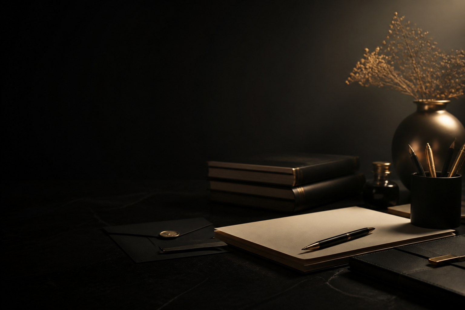 Mesa editorial escura com papel, sombra e luz suave